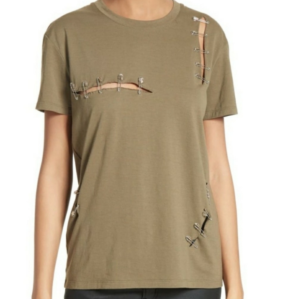THE KOOPLES U.S. 8/EU 38  Army Green Slashed Safety Pin 100% Cotton Edgy…